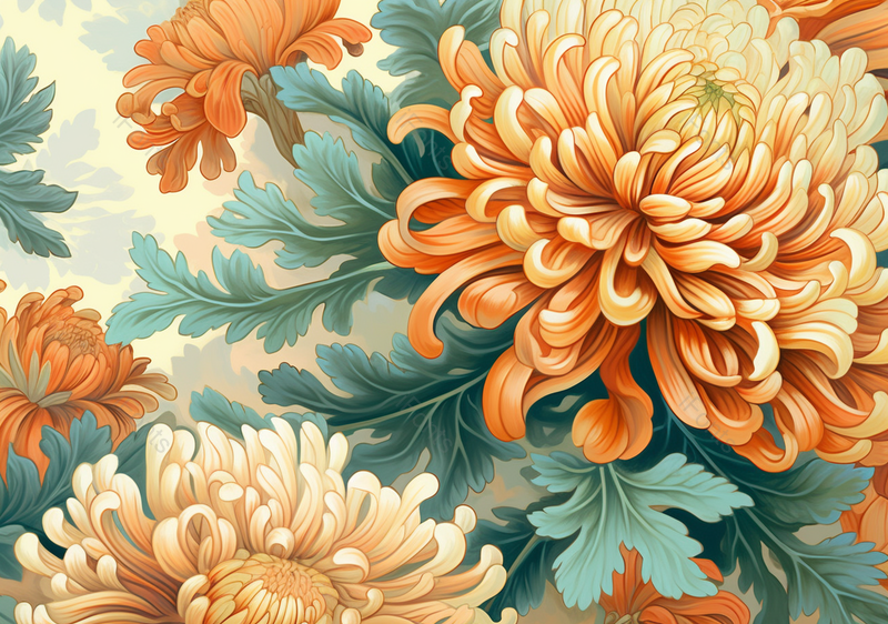 菊花盛开国风仿古工笔画植物元素背景,插画/手绘图,插画/手绘图库,插画/手绘图下载,插画/手绘